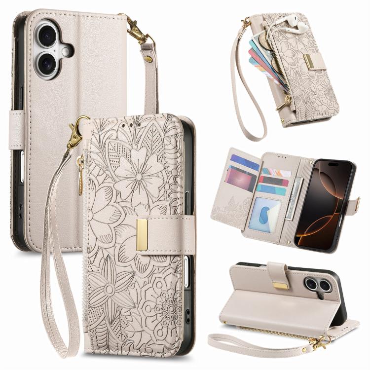 

For iPhone 17 Flowers Leaves Zipper Wallet Leather Phone Case with Strap(Khaki)