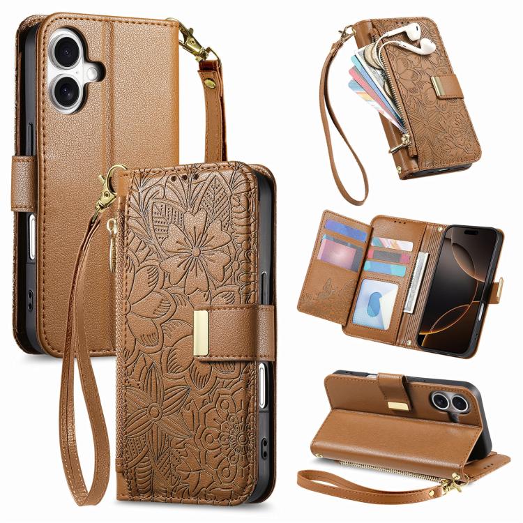 

For iPhone 17 Flowers Leaves Zipper Wallet Leather Phone Case with Strap(Brown)