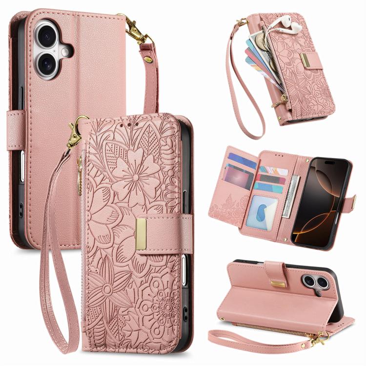 

For iPhone 17 Flowers Leaves Zipper Wallet Leather Phone Case with Strap(Pink)