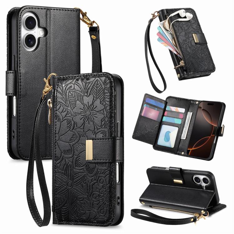 

For iPhone 17 Flowers Leaves Zipper Wallet Leather Phone Case with Strap(Black)