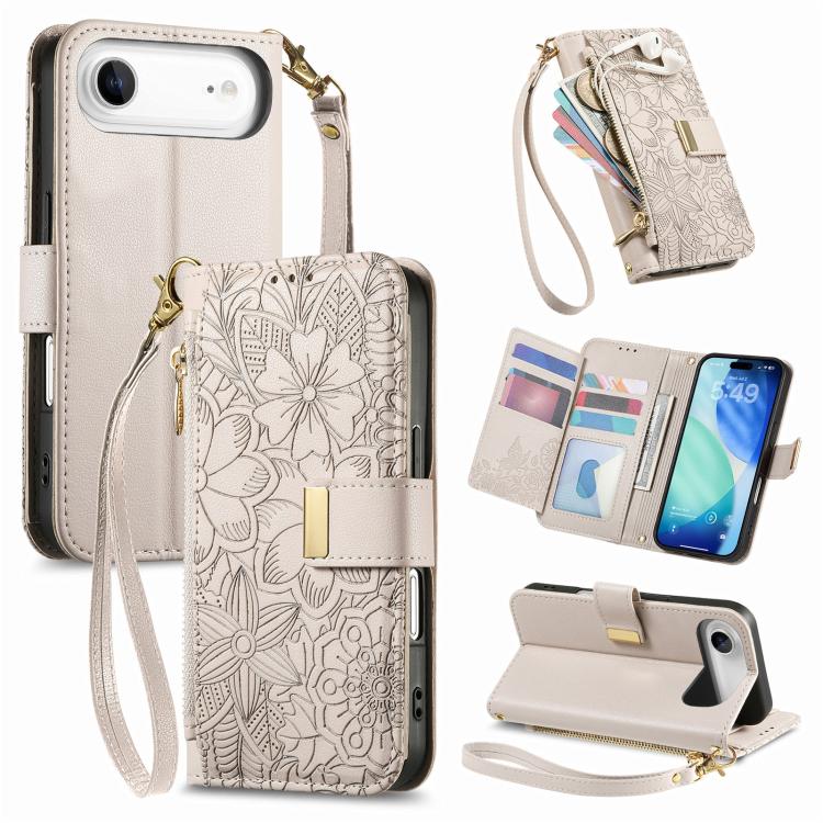 

For iPhone Air Flowers Leaves Zipper Wallet Leather Phone Case with Strap(Khaki)