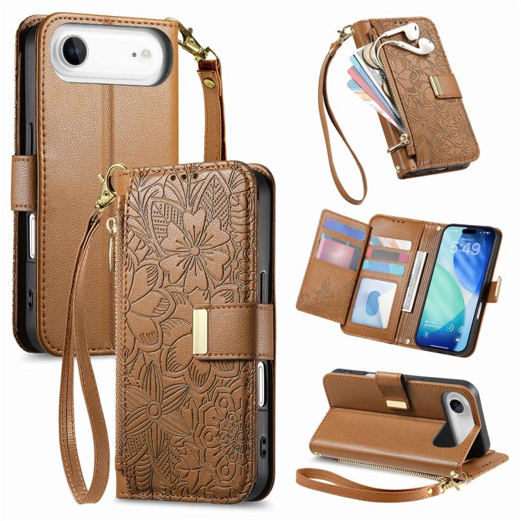 

For iPhone Air Flowers Leaves Zipper Wallet Leather Phone Case with Strap(Brown)