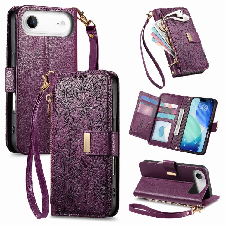 

For iPhone Air Flowers Leaves Zipper Wallet Leather Phone Case with Strap(Purple)