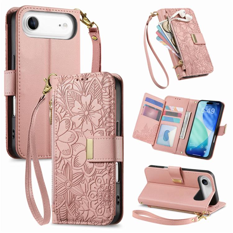 

For iPhone Air Flowers Leaves Zipper Wallet Leather Phone Case with Strap(Pink)
