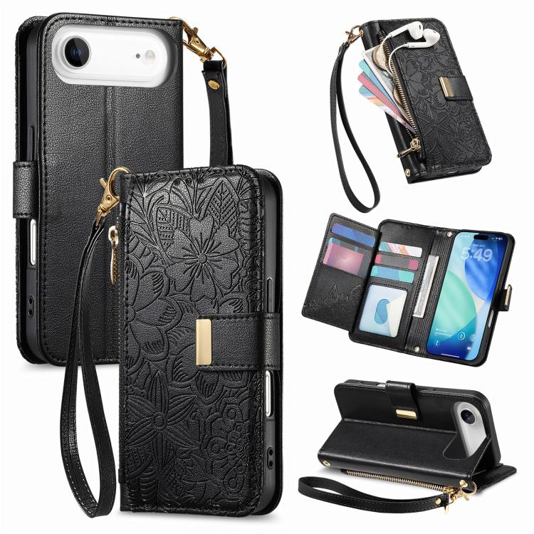 

For iPhone Air Flowers Leaves Zipper Wallet Leather Phone Case with Strap(Black)