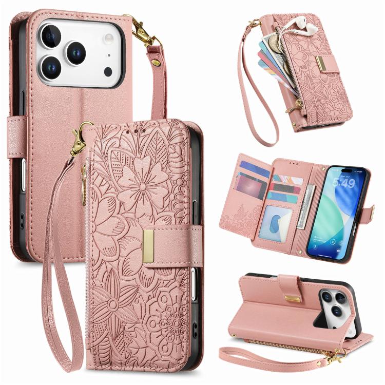

For iPhone 17 Pro Flowers Leaves Zipper Wallet Leather Phone Case with Strap(Pink)