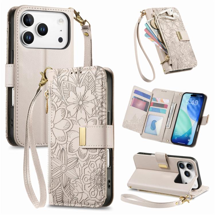 

For iPhone 17 Pro Max Flowers Leaves Zipper Wallet Leather Phone Case with Strap(Khaki)