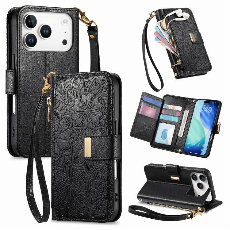 

For iPhone 17 Pro Max Flowers Leaves Zipper Wallet Leather Phone Case with Strap(Black)