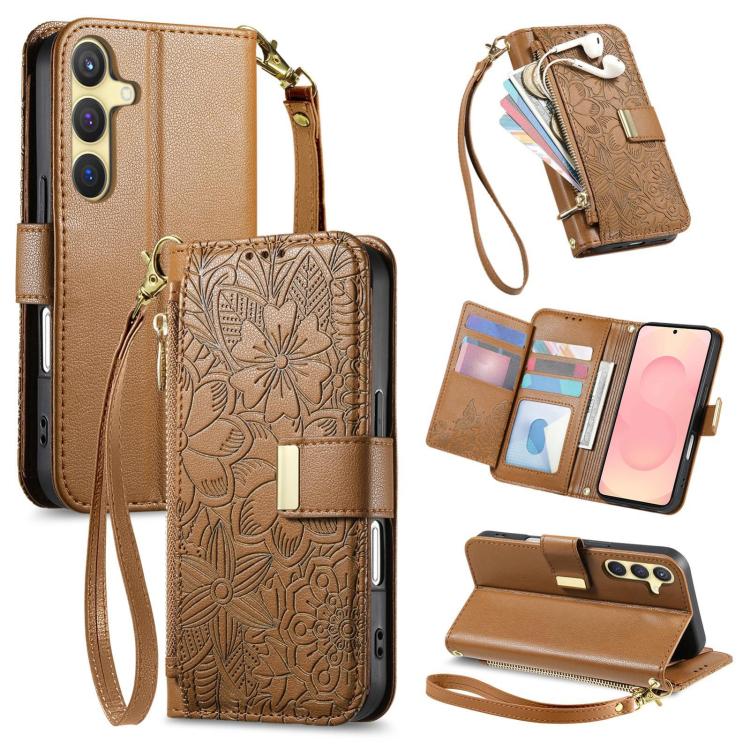 

For Samsung Galaxy S25 5G Flowers Leaves Zipper Wallet Leather Phone Case with Strap(Brown)