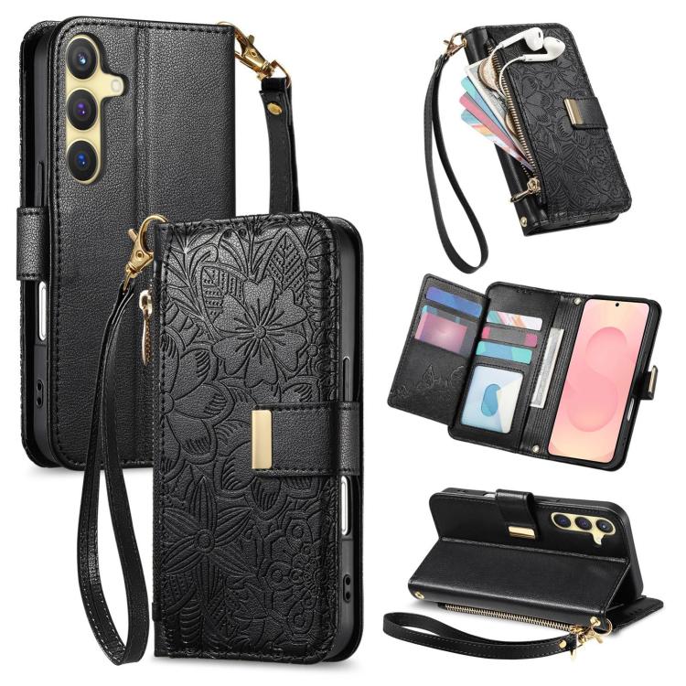 

For Samsung Galaxy S25 5G Flowers Leaves Zipper Wallet Leather Phone Case with Strap(Black)