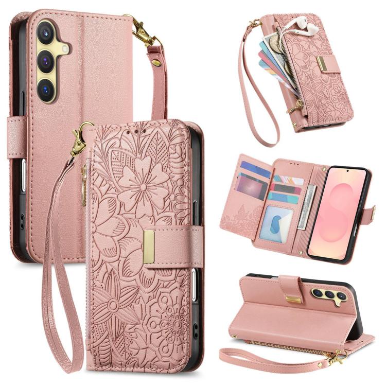 

For Samsung Galaxy S25+ 5G Flowers Leaves Zipper Wallet Leather Phone Case with Strap(Pink)