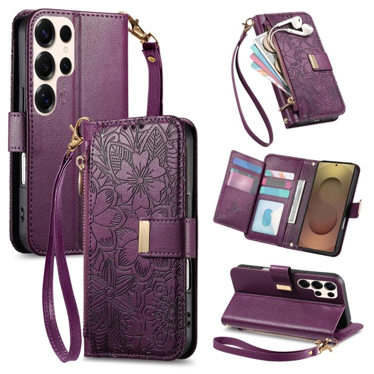 

For Samsung Galaxy S25 Ultra 5G Flowers Leaves Zipper Wallet Leather Phone Case with Strap(Purple)