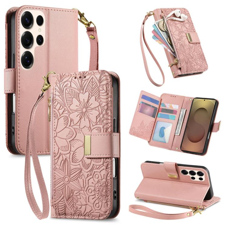 

For Samsung Galaxy S25 Ultra 5G Flowers Leaves Zipper Wallet Leather Phone Case with Strap(Pink)