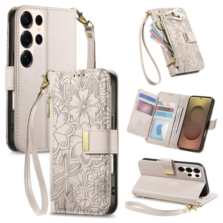 

For Samsung Galaxy S25 Ultra 5G Flowers Leaves Zipper Wallet Leather Phone Case with Strap(Khaki)