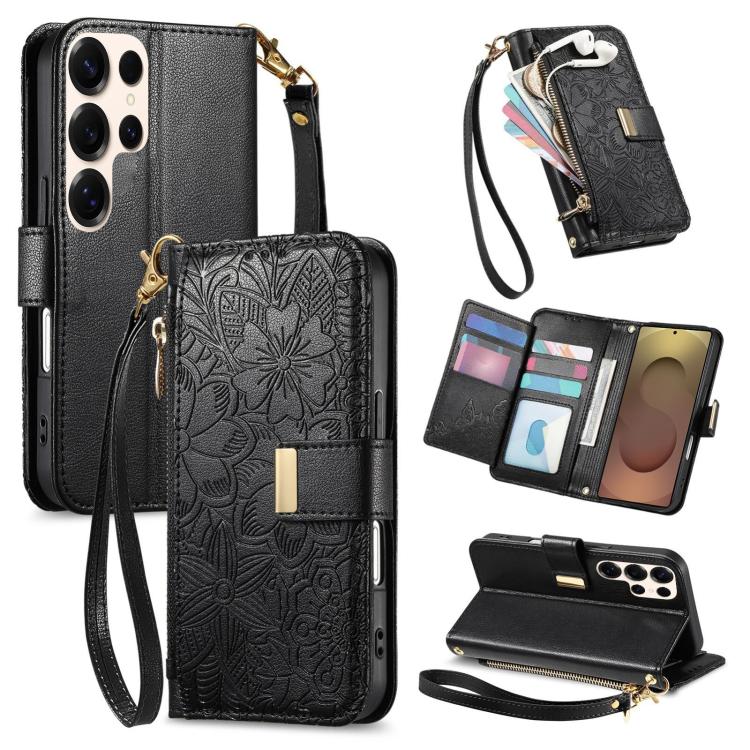

For Samsung Galaxy S25 Ultra 5G Flowers Leaves Zipper Wallet Leather Phone Case with Strap(Black)
