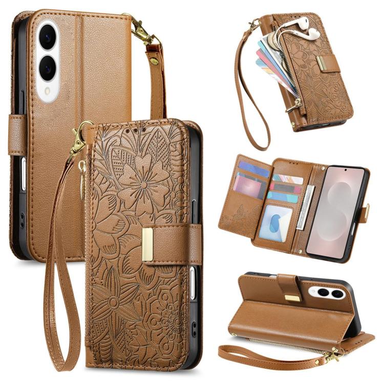 

For Samsung Galaxy S25 Edge 5G Flowers Leaves Zipper Wallet Leather Phone Case with Strap(Brown)
