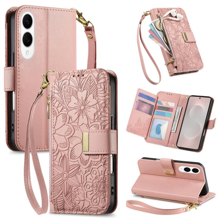 

For Samsung Galaxy S25 Edge 5G Flowers Leaves Zipper Wallet Leather Phone Case with Strap(Pink)