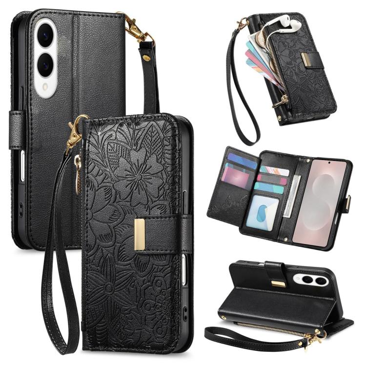 For Samsung Galaxy S25 Edge 5G Flowers Leaves Zipper Wallet Leather Phone Case with Strap(Black)