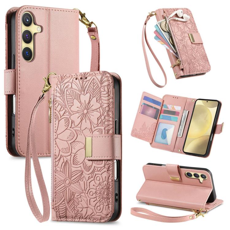 

For Samsung Galaxy S24 5G Flowers Leaves Zipper Wallet Leather Phone Case with Strap(Pink)
