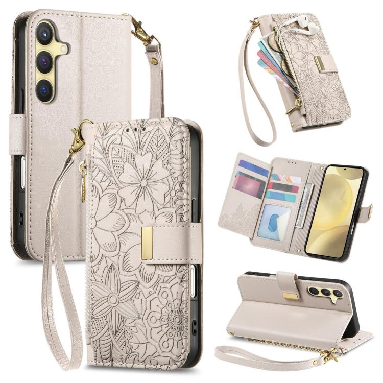 

For Samsung Galaxy S24 5G Flowers Leaves Zipper Wallet Leather Phone Case with Strap(Khaki)