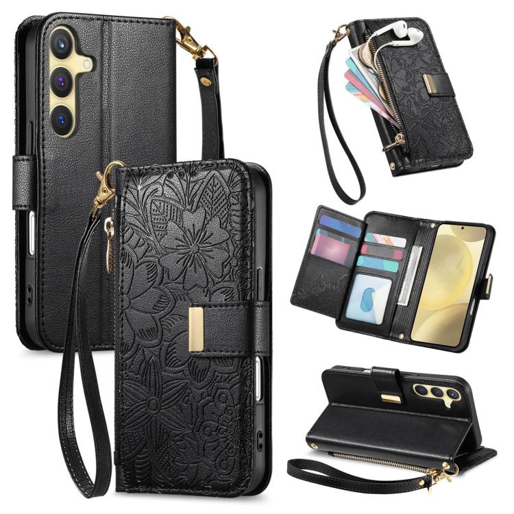 

For Samsung Galaxy S24 5G Flowers Leaves Zipper Wallet Leather Phone Case with Strap(Black)