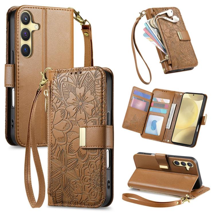 

For Samsung Galaxy S24+ 5G Flowers Leaves Zipper Wallet Leather Phone Case with Strap(Brown)