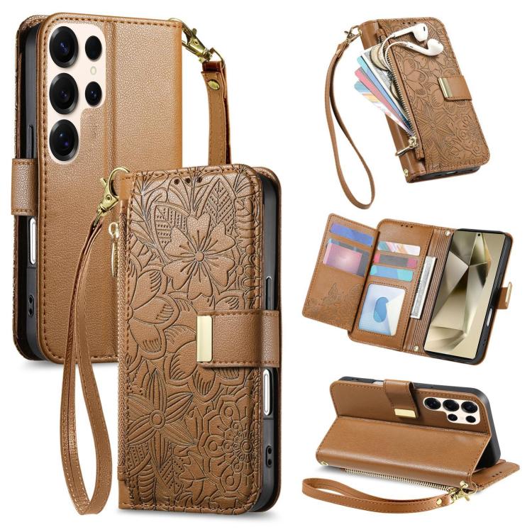 

For Samsung Galaxy S24 Ultra 5G Flowers Leaves Zipper Wallet Leather Phone Case with Strap(Brown)