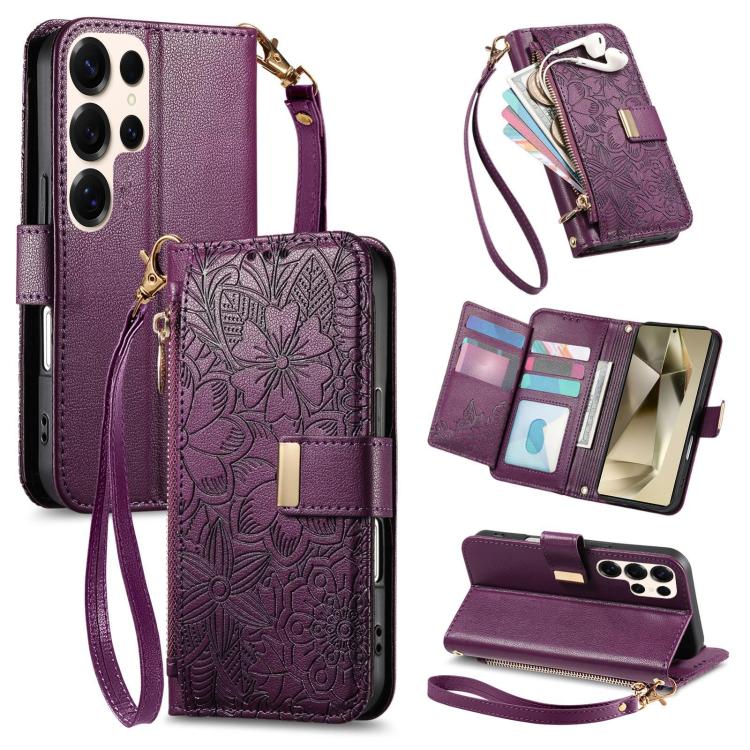 

For Samsung Galaxy S24 Ultra 5G Flowers Leaves Zipper Wallet Leather Phone Case with Strap(Purple)