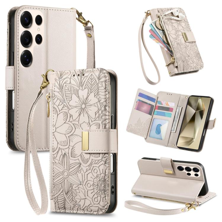 

For Samsung Galaxy S24 Ultra 5G Flowers Leaves Zipper Wallet Leather Phone Case with Strap(Khaki)