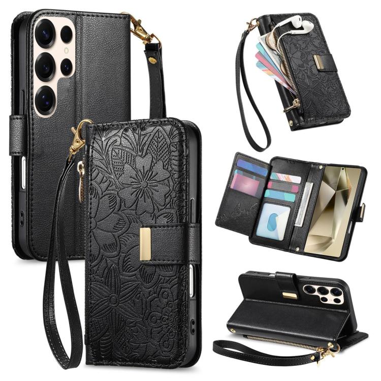

For Samsung Galaxy S24 Ultra 5G Flowers Leaves Zipper Wallet Leather Phone Case with Strap(Black)