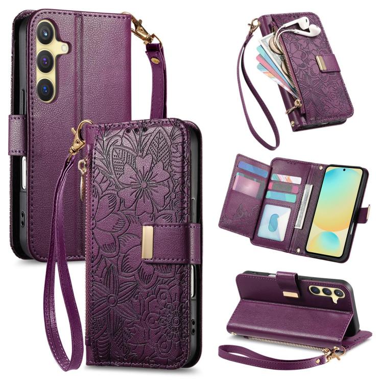 

For Samsung Galaxy S24 FE 5G Flowers Leaves Zipper Wallet Leather Phone Case with Strap(Purple)