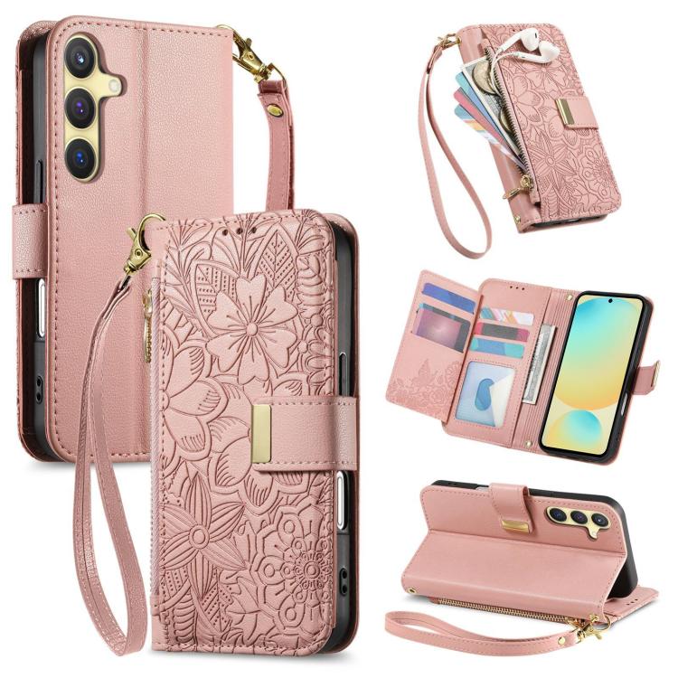 

For Samsung Galaxy S24 FE 5G Flowers Leaves Zipper Wallet Leather Phone Case with Strap(Pink)