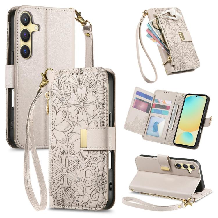 

For Samsung Galaxy S24 FE 5G Flowers Leaves Zipper Wallet Leather Phone Case with Strap(Khaki)