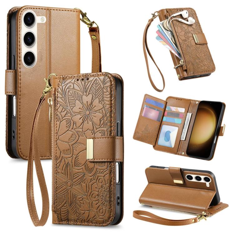 

For Samsung Galaxy S23 5G Flowers Leaves Zipper Wallet Leather Phone Case with Strap(Brown)