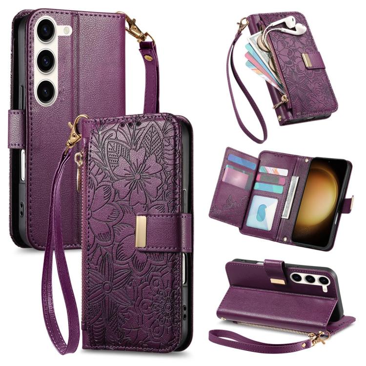 

For Samsung Galaxy S23+ 5G Flowers Leaves Zipper Wallet Leather Phone Case with Strap(Purple)