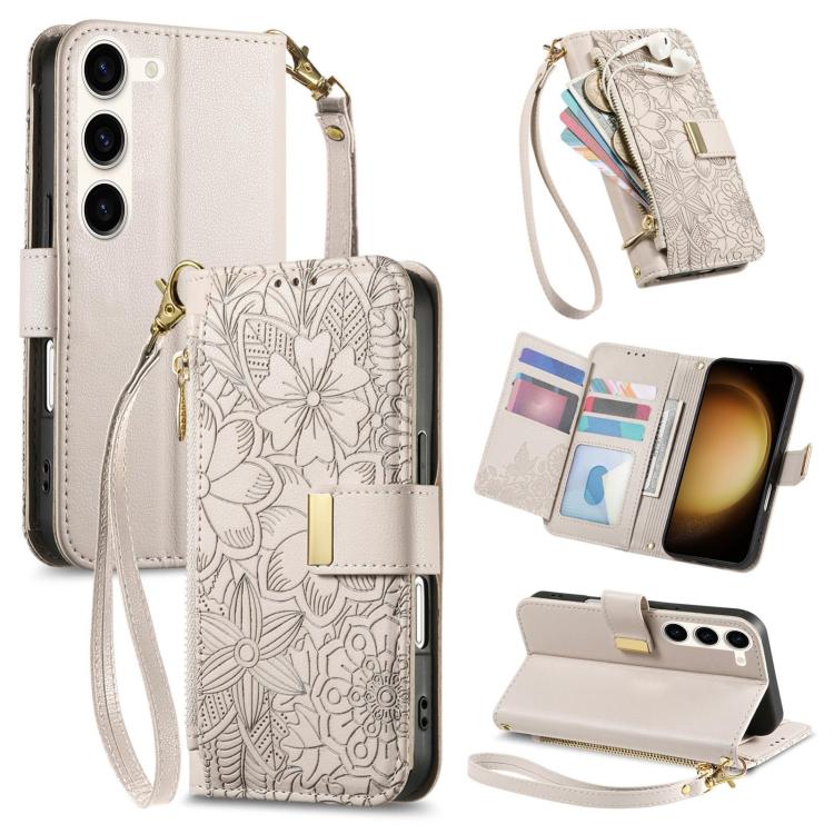 

For Samsung Galaxy S23+ 5G Flowers Leaves Zipper Wallet Leather Phone Case with Strap(Khaki)