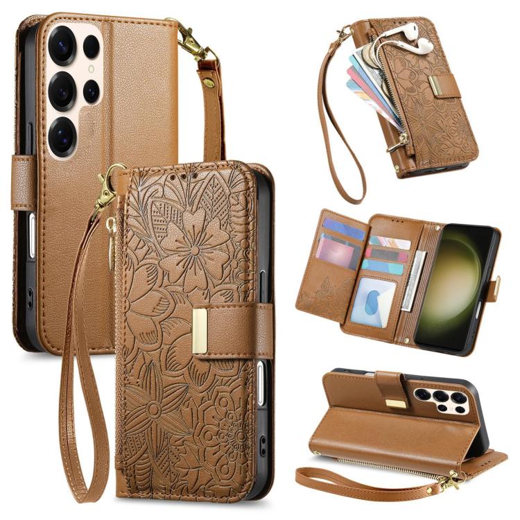 

For Samsung Galaxy S23 Ultra 5G Flowers Leaves Zipper Wallet Leather Phone Case with Strap(Brown)