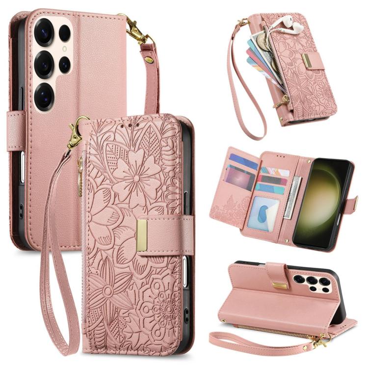 

For Samsung Galaxy S23 Ultra 5G Flowers Leaves Zipper Wallet Leather Phone Case with Strap(Pink)