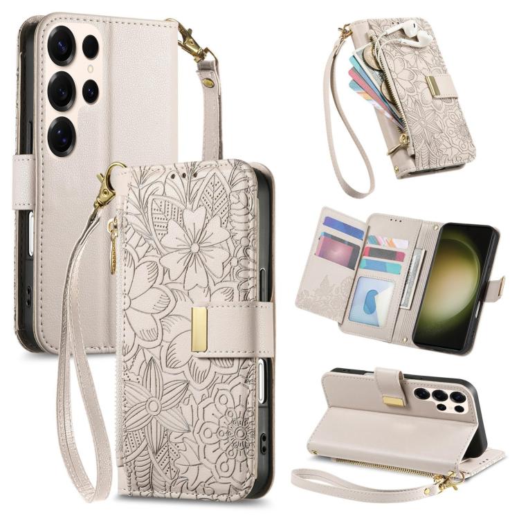 

For Samsung Galaxy S23 Ultra 5G Flowers Leaves Zipper Wallet Leather Phone Case with Strap(Khaki)