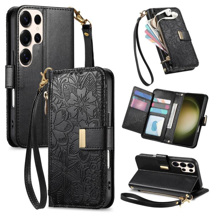 

For Samsung Galaxy S23 Ultra 5G Flowers Leaves Zipper Wallet Leather Phone Case with Strap(Black)