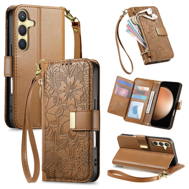 

For Samsung Galaxy S23 FE 5G Flowers Leaves Zipper Wallet Leather Phone Case with Strap(Brown)