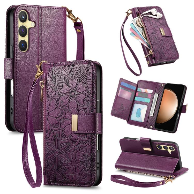 

For Samsung Galaxy S23 FE 5G Flowers Leaves Zipper Wallet Leather Phone Case with Strap(Purple)