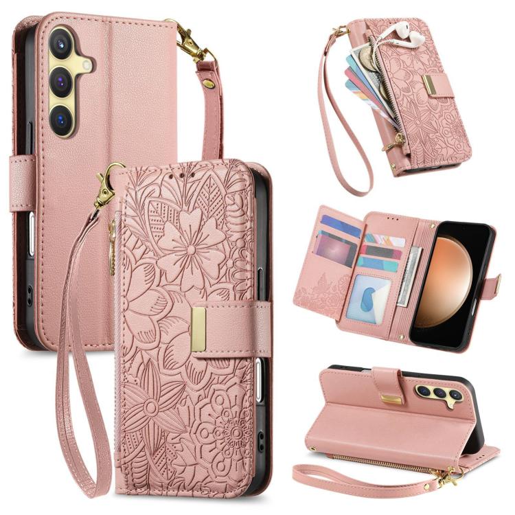 

For Samsung Galaxy S23 FE 5G Flowers Leaves Zipper Wallet Leather Phone Case with Strap(Pink)