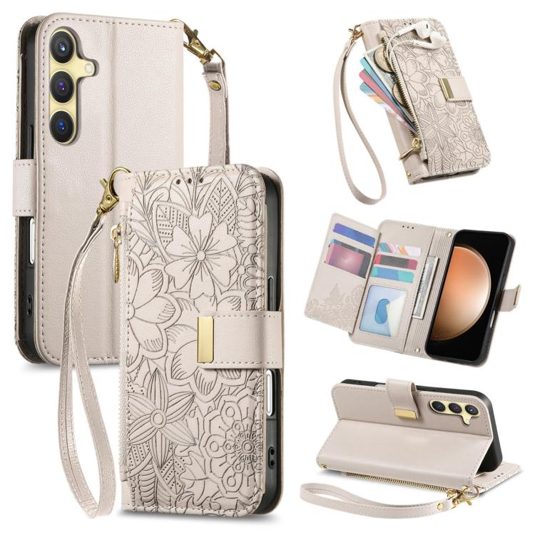

For Samsung Galaxy S23 FE 5G Flowers Leaves Zipper Wallet Leather Phone Case with Strap(Khaki)