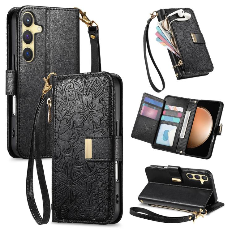 

For Samsung Galaxy S23 FE 5G Flowers Leaves Zipper Wallet Leather Phone Case with Strap(Black)