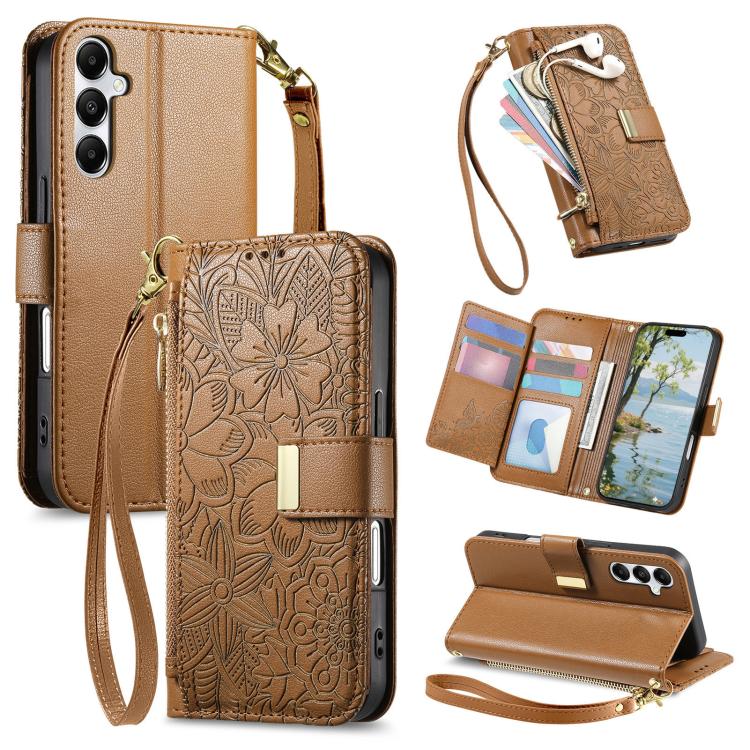 

For Samsung Galaxy A15 Flowers Leaves Zipper Wallet Leather Phone Case with Strap(Brown)