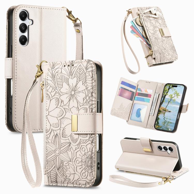 

For Samsung Galaxy A16 Flowers Leaves Zipper Wallet Leather Phone Case with Strap(Khaki)