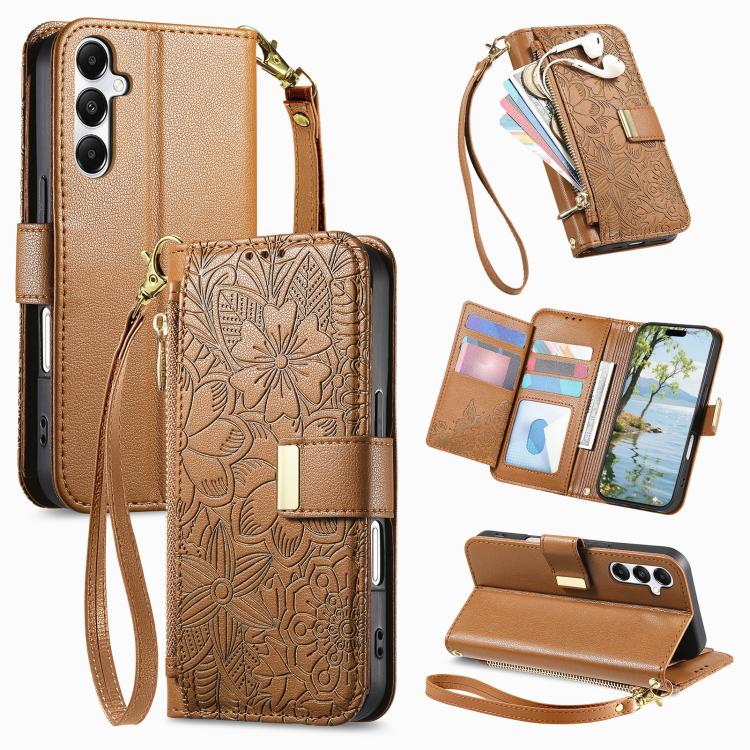 

For Samsung Galaxy A17 5G Flowers Leaves Zipper Wallet Leather Phone Case with Strap(Brown)