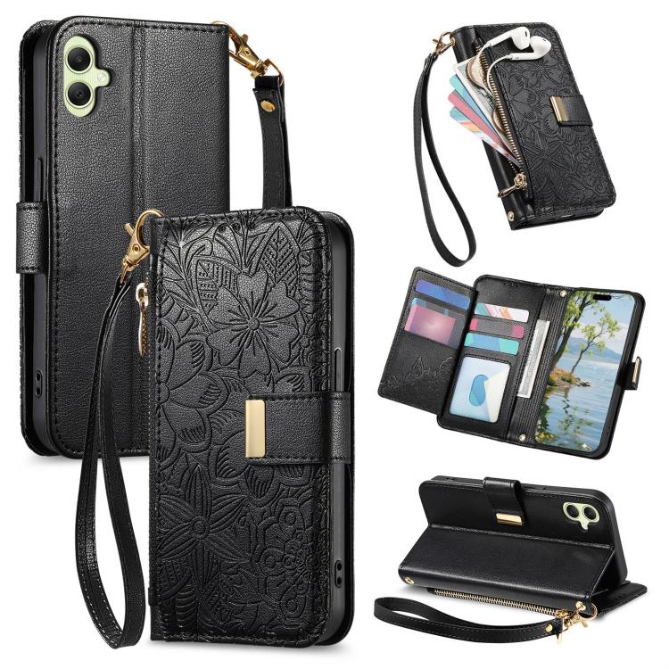 

For Samsung Galaxy A07 4G Flowers Leaves Zipper Wallet Leather Phone Case with Strap(Black)