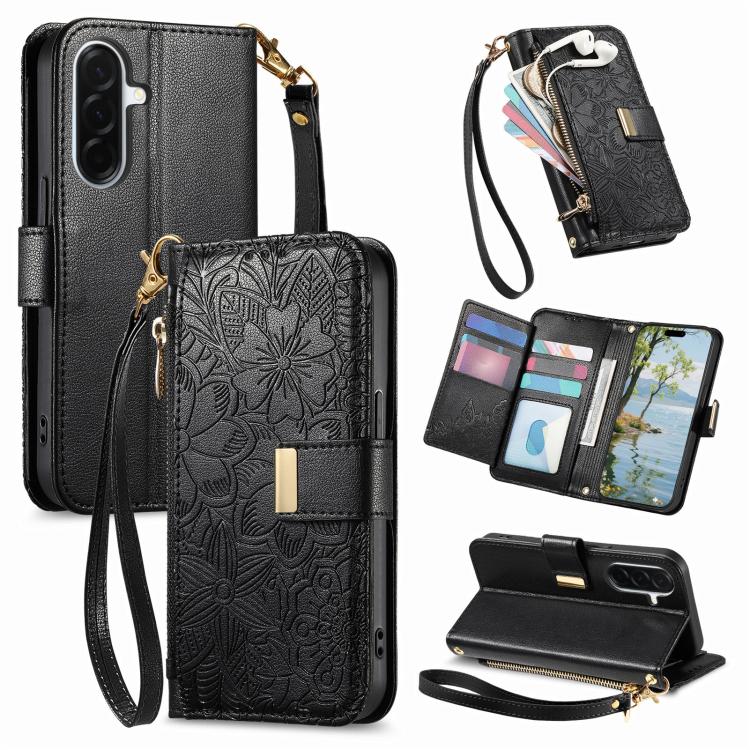 For Samsung Galaxy A57 5G Flowers Leaves Zipper Wallet Leather Phone Case with Strap(Black)